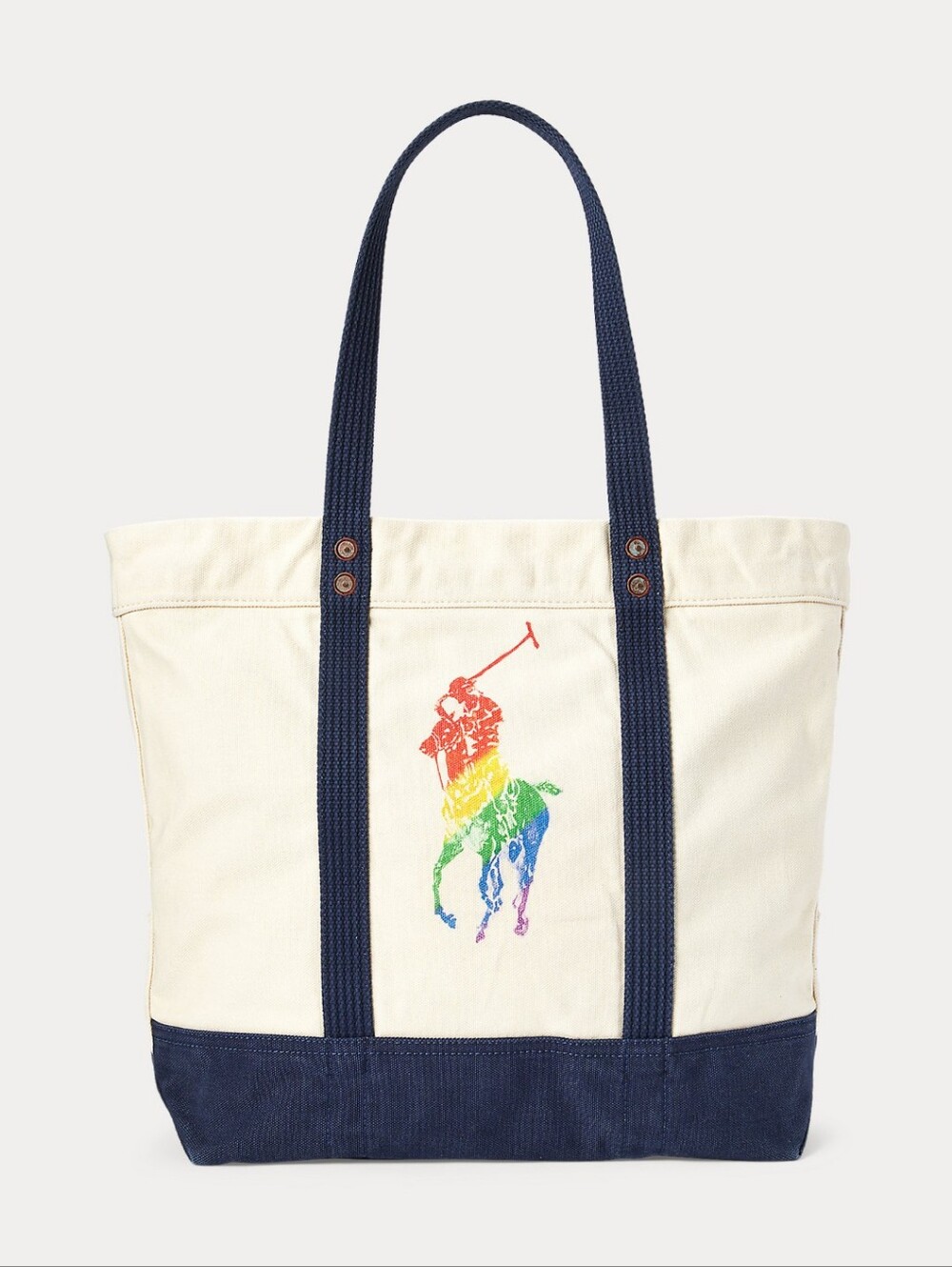 RALPH LAUREN NATURAL CANVAS Pride LARGE LOGO TOTE BAG Cream Blue NWT - Picture 2 of 8